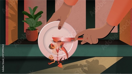 Hand scraping food into bin Vector