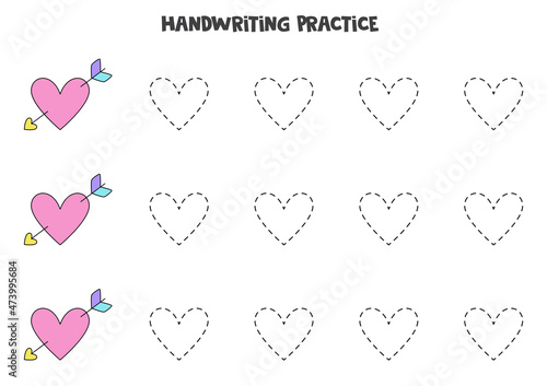 Tracing contours of cute heart. Writing practice for children.