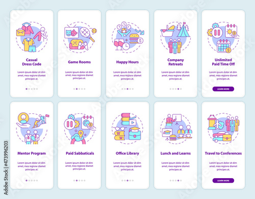 Employee perks onboarding mobile app page screen set. Bonus for company workers walkthrough 5 steps graphic instructions with linear concepts. UI, UX, GUI template. Myriad Pro-Bold, Regular fonts used