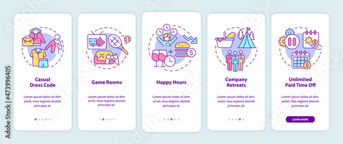 Office environment perks onboarding mobile app page screen. Casual dress code walkthrough 5 steps graphic instructions with linear concepts. UI, UX, GUI template. Myriad Pro-Bold, Regular fonts used