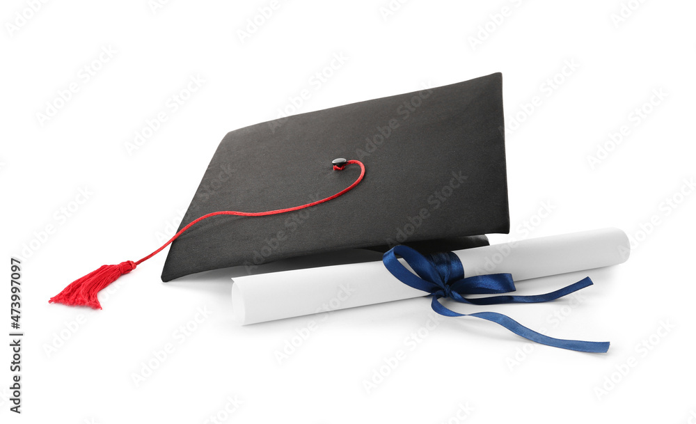 Graduation hat and diploma on white background Graduation hat and diploma on white background