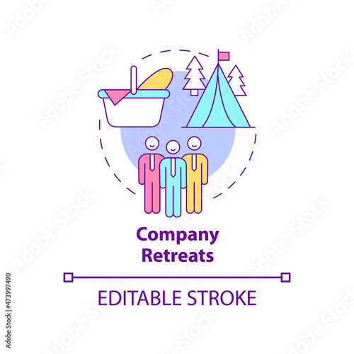 Company retreats concept icon. Work getaway. Camping. Outdoor event abstract idea thin line illustration. Isolated outline drawing. Editable stroke. Roboto-Medium, Myriad Pro-Bold fonts used