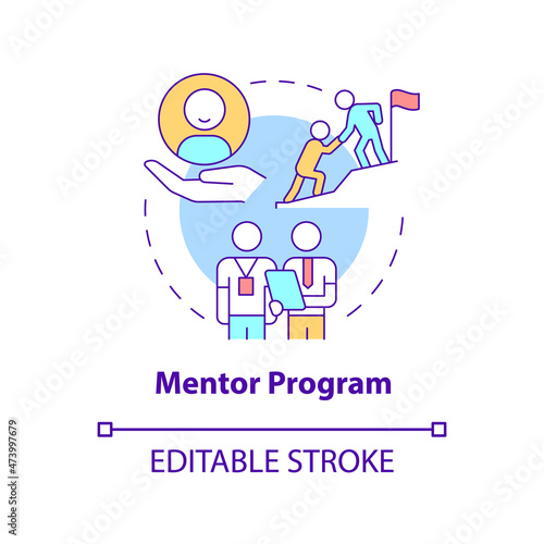 Mentor program concept icon. Professional experience share. Employee training abstract idea thin line illustration. Isolated outline drawing. Editable stroke. Roboto-Medium, Myriad Pro-Bold fonts used