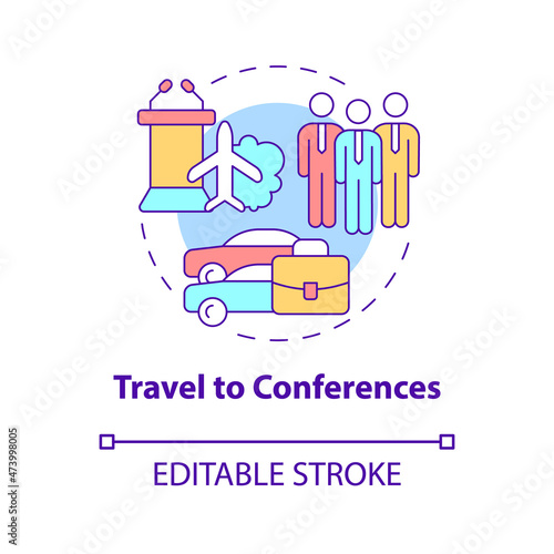 Travel to conferences concept icon. Sending employees to skillshare event abstract idea thin line illustration. Isolated outline drawing. Editable stroke. Roboto-Medium, Myriad Pro-Bold fonts used