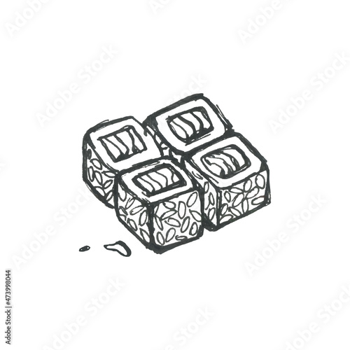 Sushi rolls doodle illustration. Asian food vector.