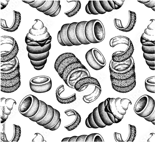 Sketch drawing pattern of trdelnik on white background. Hand drawn chimney cake, trdlo, kurtos, kürtőskalács, ice cream, chocolate, cream, pistachio. Czech sweet baked food. Vector illustration.