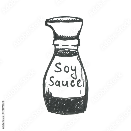 Soy sauce doodle illustration. Sauce bottle vector.