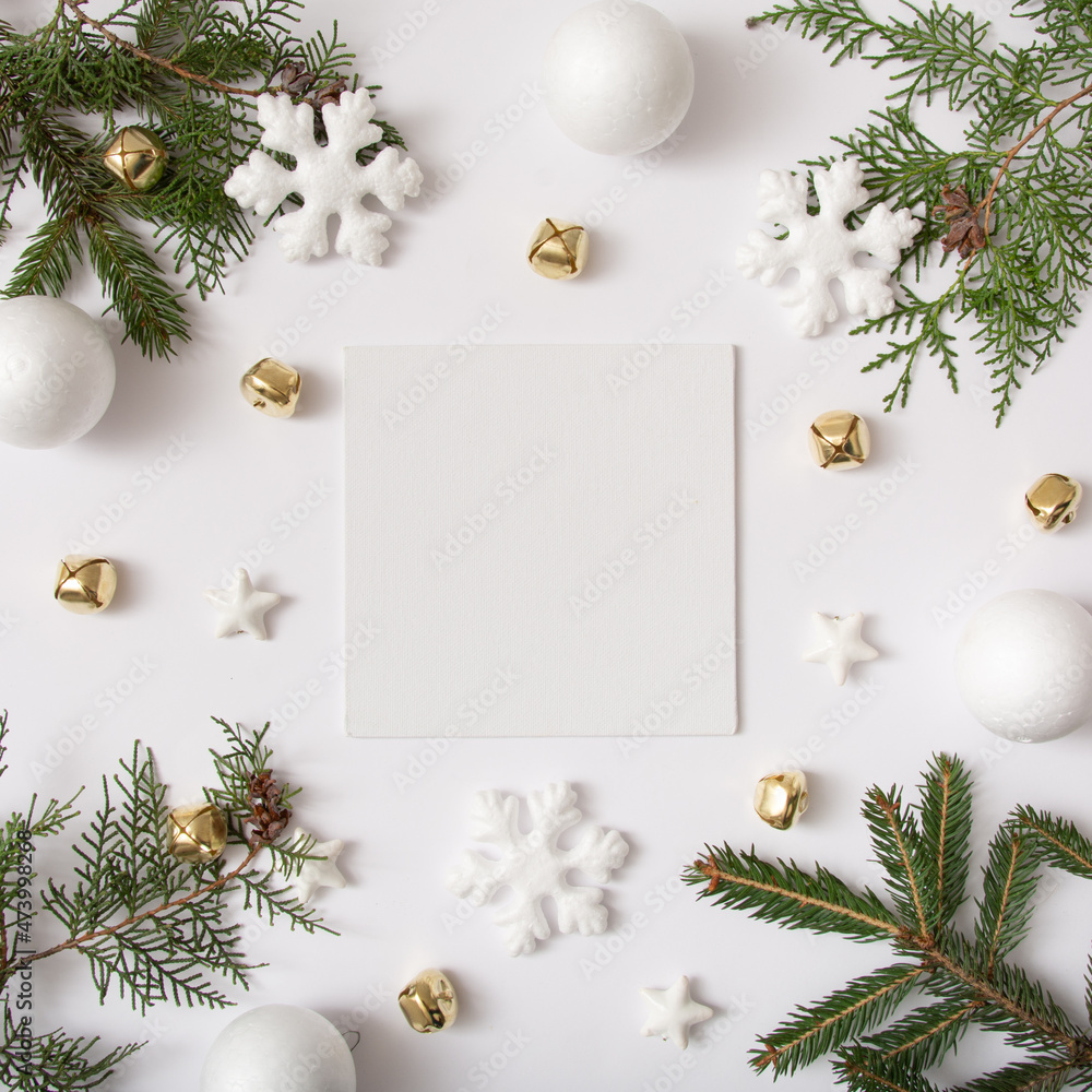 Christmas composition. Fir tree branches on white background. Winter, new year concept. Flat lay, top view, copy space for text. Christmas frame, paper card note. Christmas composition. Fir tree branches on white background. Winter, new year concept. Flat lay, top view, copy space for text. Christmas frame, paper card note.