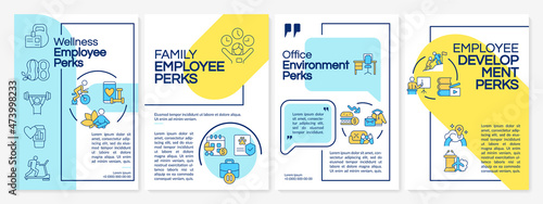 Employee non-wage offerings brochure template. Booklet print design with linear icons. Vector layouts for presentation, annual reports, advertisement. Questrial-Regular, Lato-Regular fonts used