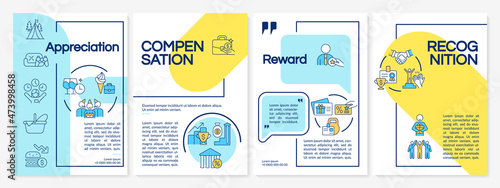 Staff incentives brochure template. Recognition. Booklet print design with linear icons. Vector layouts for presentation, annual reports, advertisement. Questrial-Regular, Lato-Regular fonts used