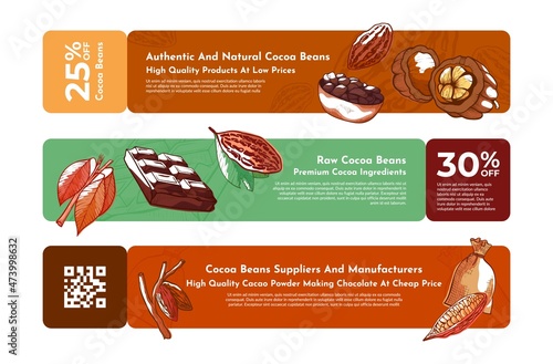 Raw cocoa beans banner set vector engraved illustration. Promo advertising high quality products