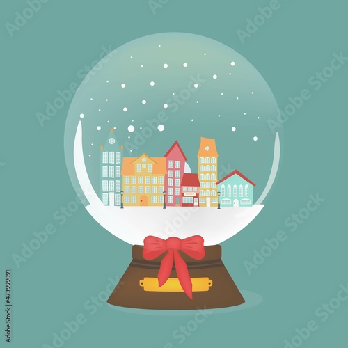 Copenhagen colorful Scandinavian houses in a snow globe on a blue background.