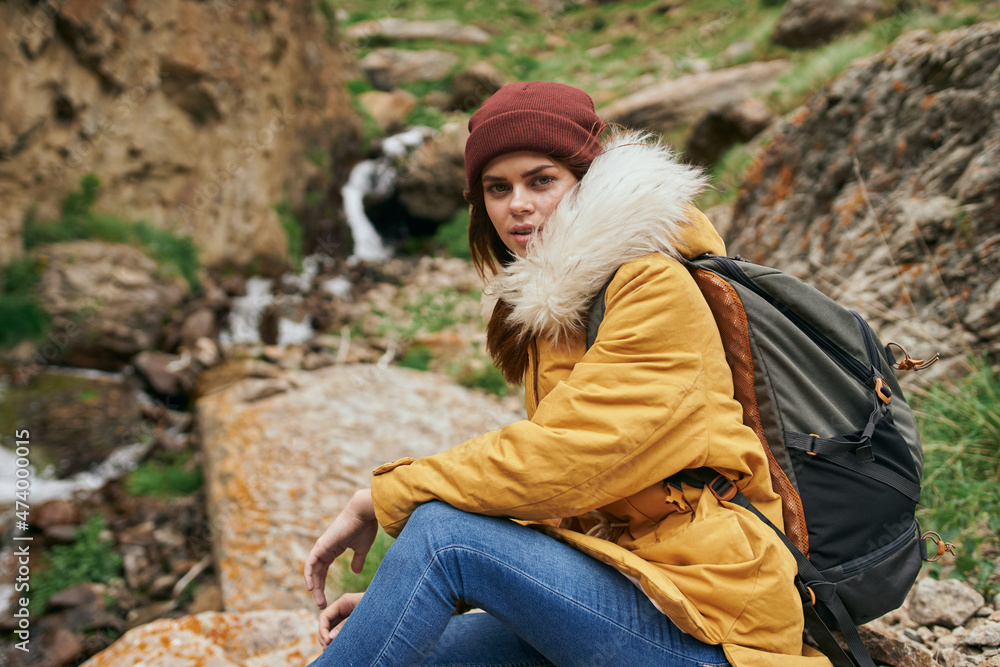 woman hiker with backpack mountains travel adventure freedom woman hiker with backpack mountains travel adventure freedom