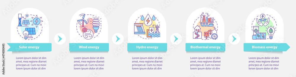 Renewable energy resources infographic template. Clean power. Data visualization with 5 steps. Process timeline info chart. Workflow layout with line icons. Myriad Pro-Bold, Regular fonts used Renewable energy resources infographic template. Clean power. Data visualization with 5 steps. Process timeline info chart. Workflow layout with line icons. Myriad Pro-Bold, Regular fonts used