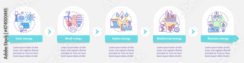 Renewable energy resources infographic template. Clean power. Data visualization with 5 steps. Process timeline info chart. Workflow layout with line icons. Myriad Pro-Bold, Regular fonts used