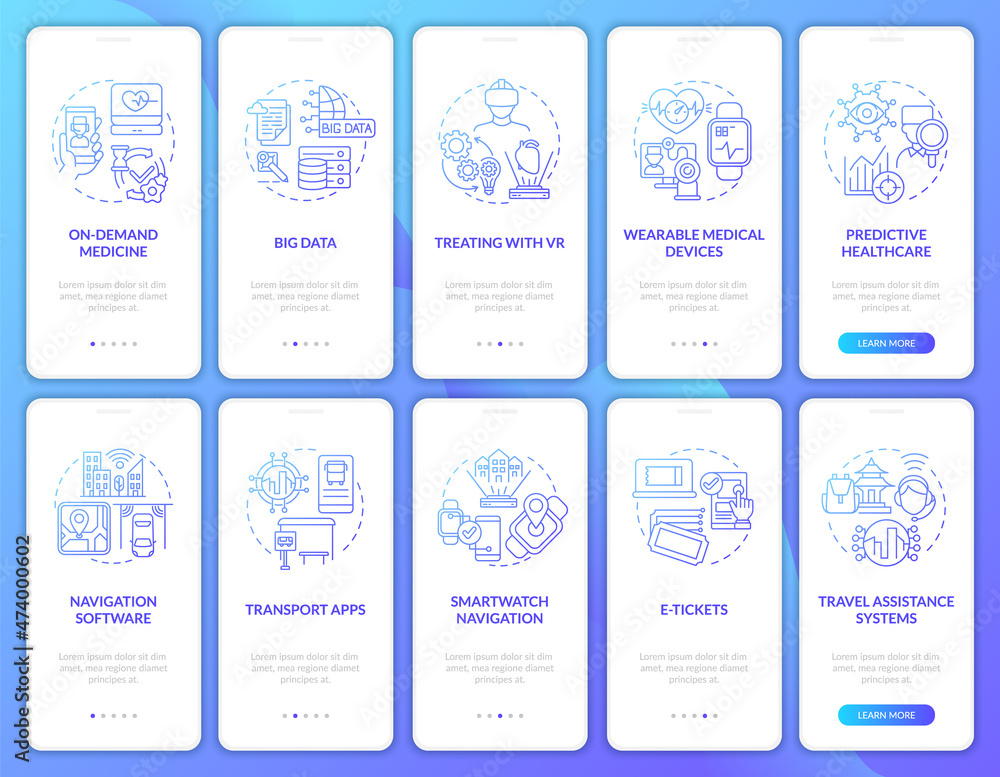 Public services with digital technology onboarding mobile app page screen set. Tech walkthrough 5 steps graphic instructions with concepts. UI, UX, GUI vector template with linear color illustrations