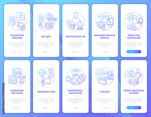 Public services with digital technology onboarding mobile app page screen set. Tech walkthrough 5 steps graphic instructions with concepts. UI, UX, GUI vector template with linear color illustrations