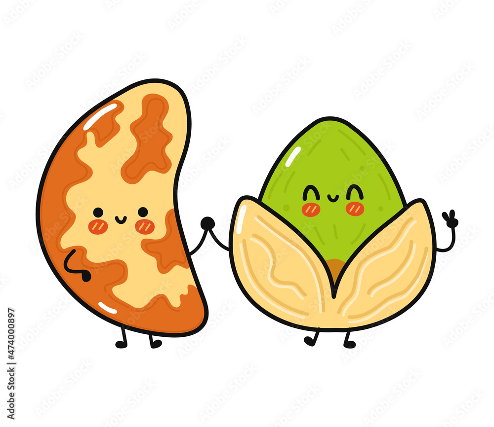 Cute, funny happy brazilian nut and pistachios character. Vector hand drawn cartoon kawaii characters, illustration icon. Funny cartoon brazilian nut and pistachios friends concept Cute, funny happy brazilian nut and pistachios character. Vector hand drawn cartoon kawaii characters, illustration icon. Funny cartoon brazilian nut and pistachios friends concept