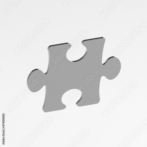 puzzle element on white background. puzzle is metal. close-up puzzle. Square image. 3D rendering. 3D image.