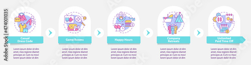 Workplace bonuses infographic template. Staff resting rooms. Data visualization with 5 steps. Process timeline info chart. Workflow layout with line icons. Myriad Pro-Bold, Regular fonts used