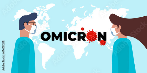 New coronavirus variant of COVID-19 strain omicron and doctors banner concept. World alert attack sign with medical staff doctor and nurse. Mutated corona virus outbreak vector eps illustration
