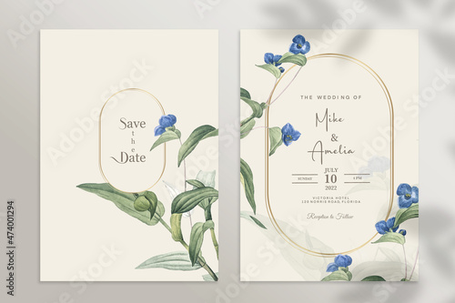 Vintage Wedding Invitation with Green and blue Flower
