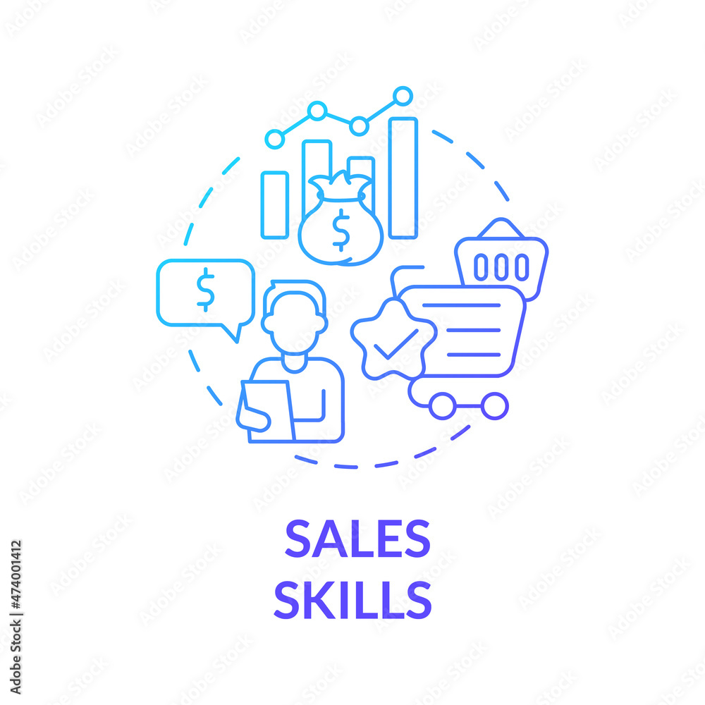 Sales skills blue gradient concept icon. Distribution business profit. Sales management strategy achievement abstract idea thin line illustration. Vector isolated outline color drawing Sales skills blue gradient concept icon. Distribution business profit. Sales management strategy achievement abstract idea thin line illustration. Vector isolated outline color drawing