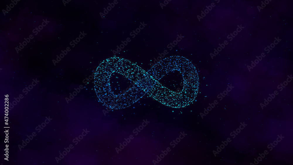 futuristic infinity sign,space stars and clouds,modern blue background animation,shinning and glowing stars
