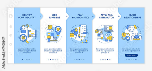 Distribution business development tips onboarding vector template. Responsive mobile website with icons. Web page walkthrough 5 step screens. Wholesale color concept with linear illustrations