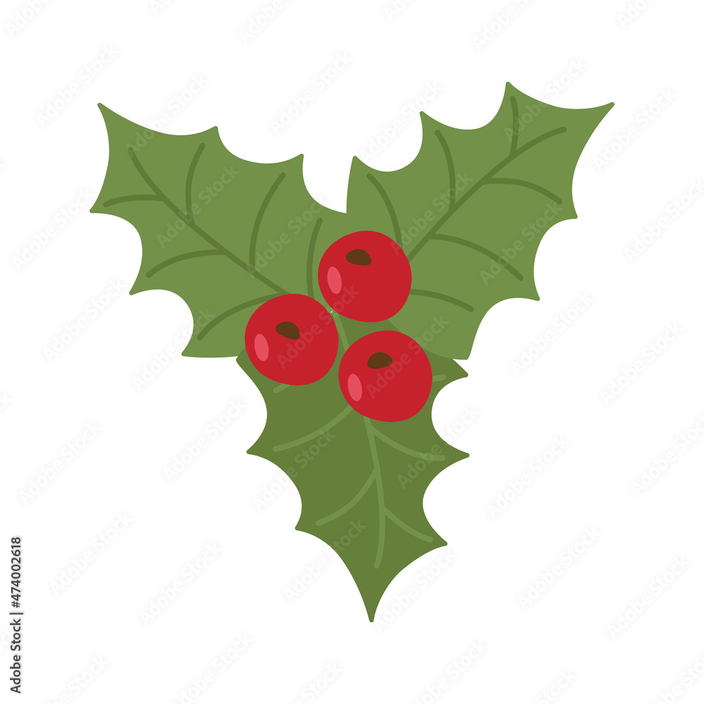 Holly bouquet of red winter Christmas berries on a branch with green leaves. Vector clipart, isolated illustration on a white background. For a holiday card, banner, design or decor Holly bouquet of red winter Christmas berries on a branch with green leaves. Vector clipart, isolated illustration on a white background. For a holiday card, banner, design or decor