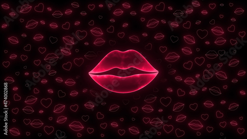 neon red lips and hearts on dark background, valentines day and love concept design