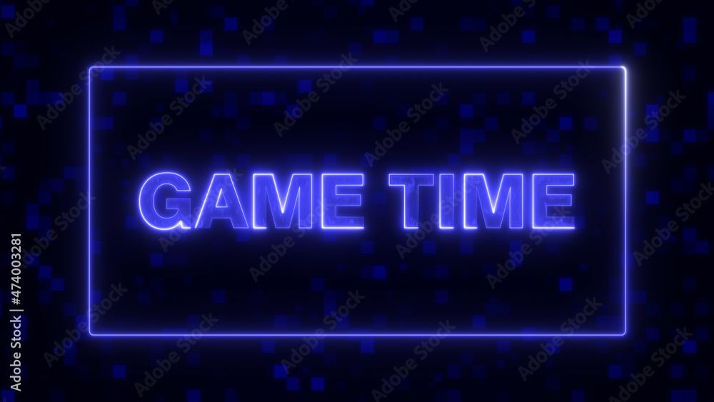 Fototapeta premium blue neon game time button, gaming concept ,fire burning text on a dark