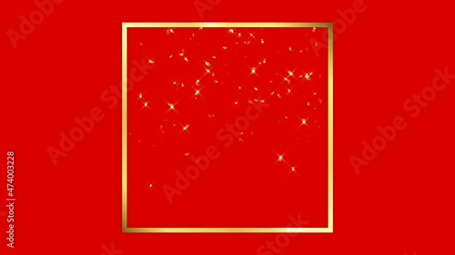 golden frame and confetti with red background, shinny and glowing particles, new year and Christmas