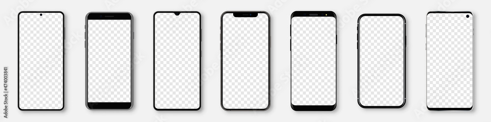 Set of realistic smartphone mockup with blank screen. Phone display template - obrazy, fototapety, plakaty 