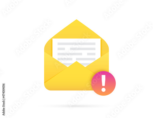 Mail envelope with document and exclamation mark icon. Vector illustration