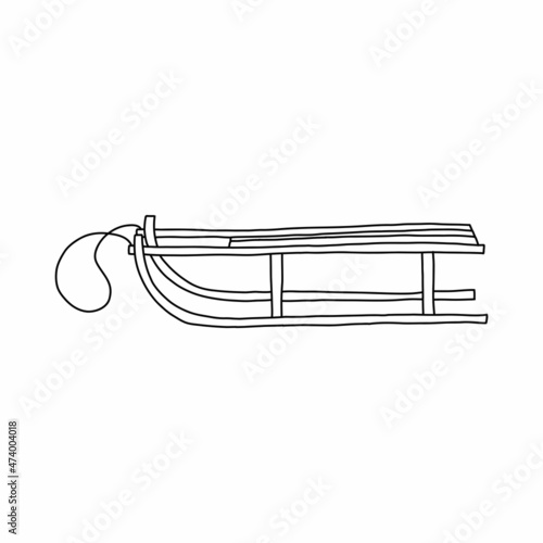 Wooden sleigh. Black and white vector isolated illustration hand drawn. Single sled, card or icon. Winter activity