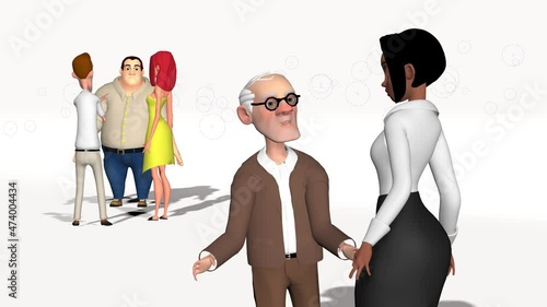 3d animation, many cartoons characters speaking on white background photo