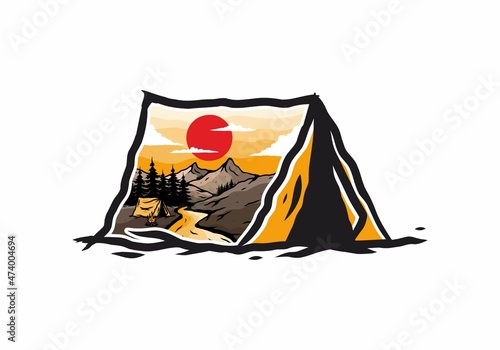 Camping by the river flat illustration