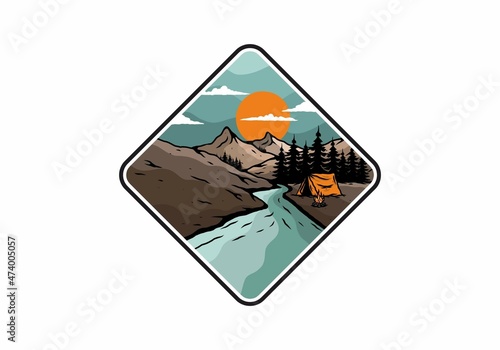 Camping by the river flat illustration