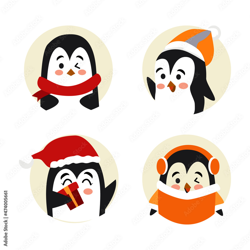 Penguins cartoon vector illustration. Christmas penguin characters set Penguins cartoon vector illustration. Christmas penguin characters set