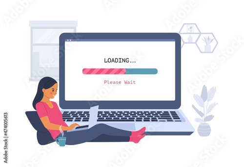 Woman waiting for the end of downloading content to the computer. Vector illustration.