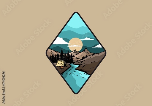 Camping by the river flat illustration