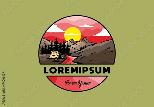 Camping by the river flat illustration