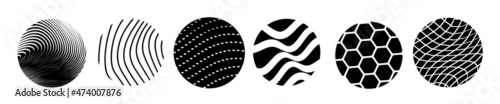 Vector set of abstract black and white illustration of different line and hexagon pattern in round frame, decorative background