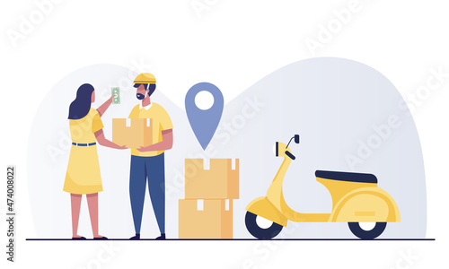 delivering order to customer door. woman getting parcel.