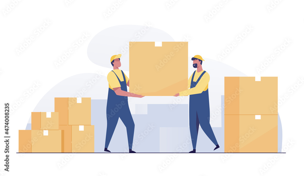 Men Delivery service with boxes. Warehouse workers. Men Delivery service with boxes. Warehouse workers.