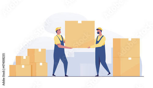 Men Delivery service with boxes. Warehouse workers.
