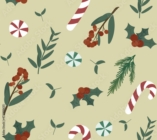 winter background with candies and greens.Christmas attributes on a light background. 