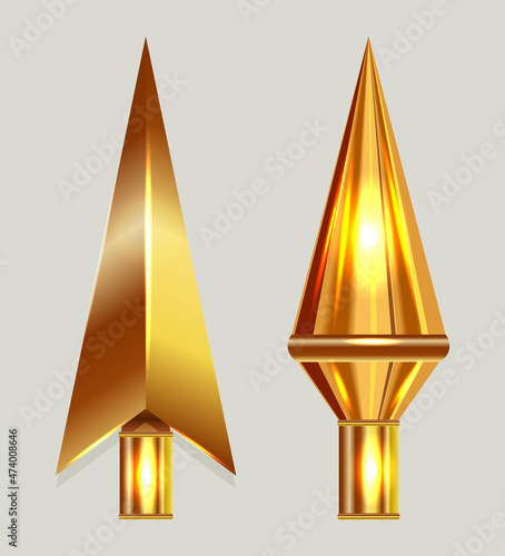 Isolated arrowheads of gold color with glitter, design element