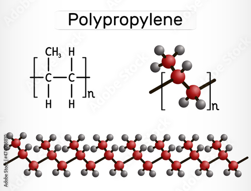 Polypropylene (PP), polypropene molecule. It is thermoplastic polymer of propylene. Structural chemical formula and molecule model